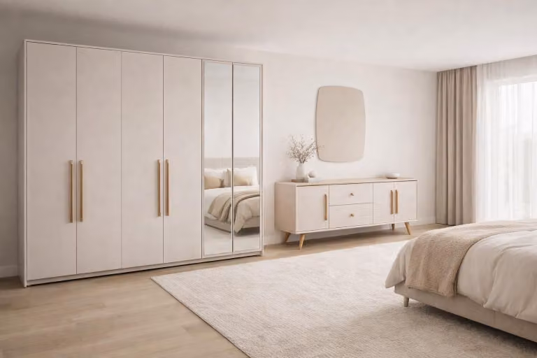 Set completo per camera da letto composto da: armadio grande, consolle in legno bianco e specchio