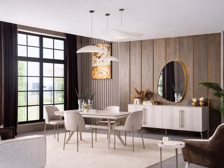 Set per sala da pranzo: tavolo, 4 sedie, credenza, specchio. Stile moderno, colori chiari, design elegante