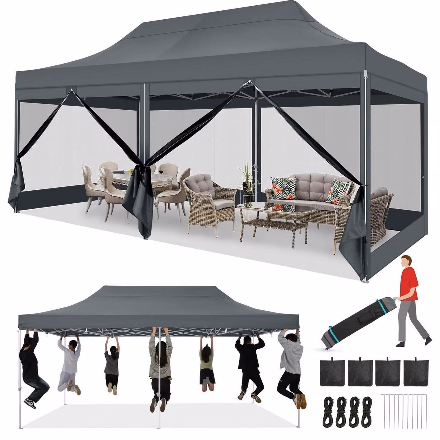Gazebo da giardino pieghevole, 3x6 metri, impermeabile, stabile, con 6 pareti laterali, modello pop-up, resistente ai raggi UV, colore grigio, tessuto Oxford 420D, con borsa da trasporto con ruote