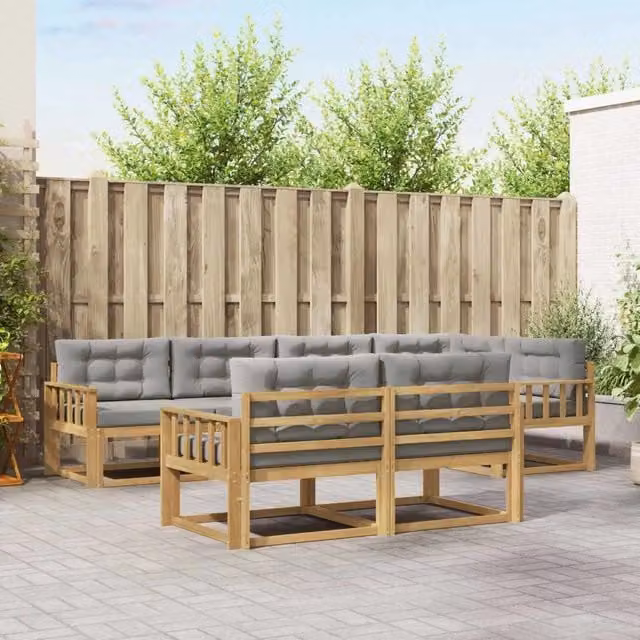 Set di divani da esterno a L vidaXL in legno di acacia con cuscini bianchi e grigi – 1