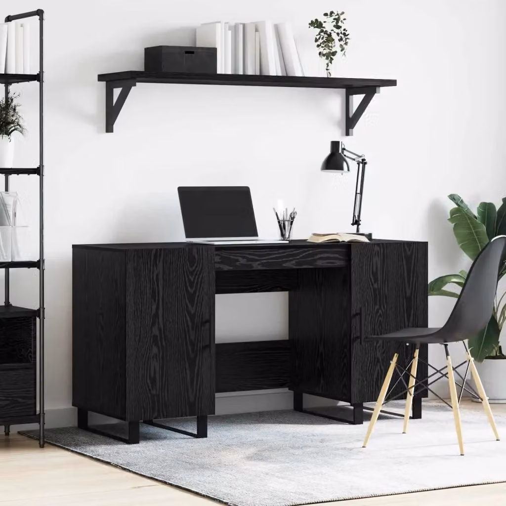 Scrivania da ufficio in stile industrial con piano in legno rovere e struttura in metallo nero, L: 140 cm, P: 50 cm, H: 75 cm – 2
