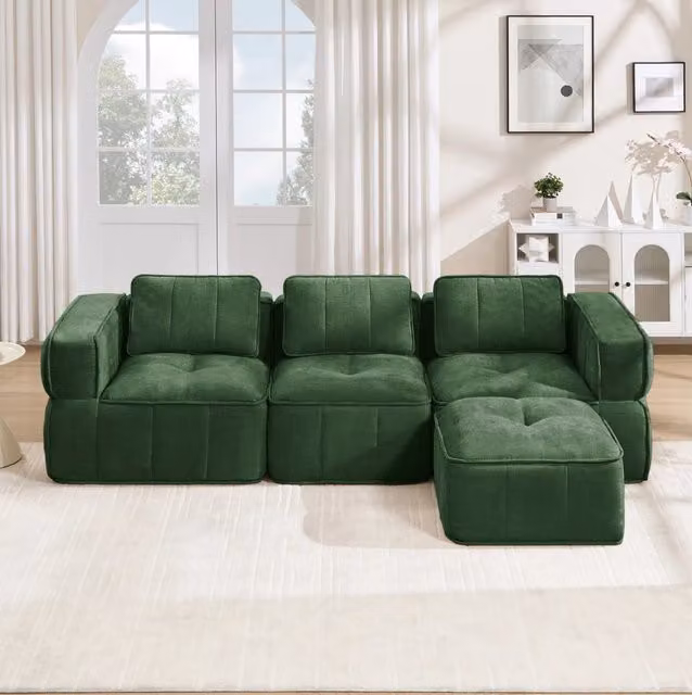 Divano modulare angolare 3 posti con pouf in poliestere; verde; senza telaio