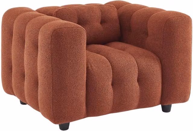 Poltrona lounge moderna Sweeek in tessuto bouclé color arancione con imbottitura in schiuma