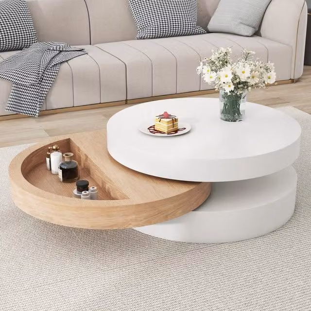 Tavolino da caffè girevole Minimal a 3 ripiani in legno di frassino bianco – 1
