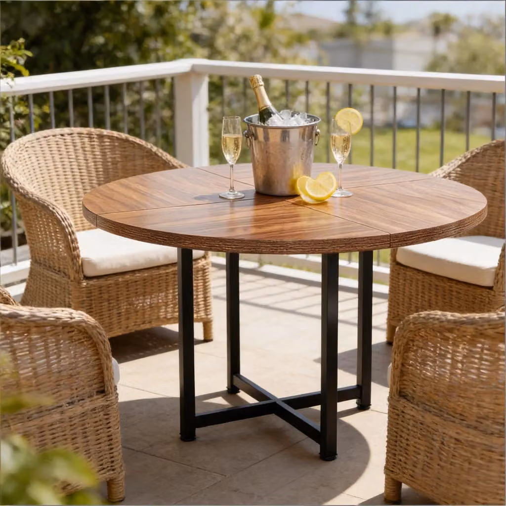 Tavolo da pranzo rotondo Mivray in stile industriale con struttura in metallo nero e piano in legno marrone, diametro: 120 cm – 2