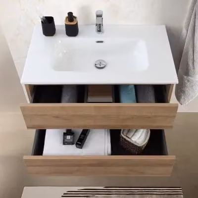 Mobile bagno sospeso Kleo in rovere africa con cassetti soft-close, L: 80 cm, P: 45,1 cm, H: 50 cm – 2