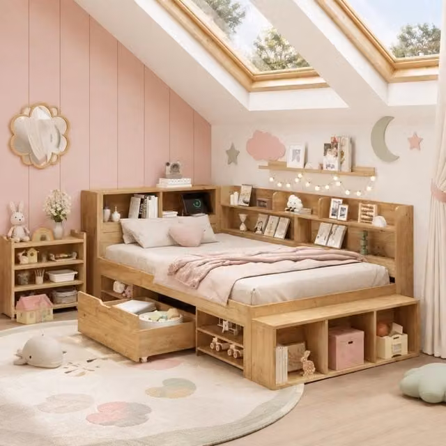 Letto per bambini 90x200 cm con contenitori e ripiani in compensato naturale