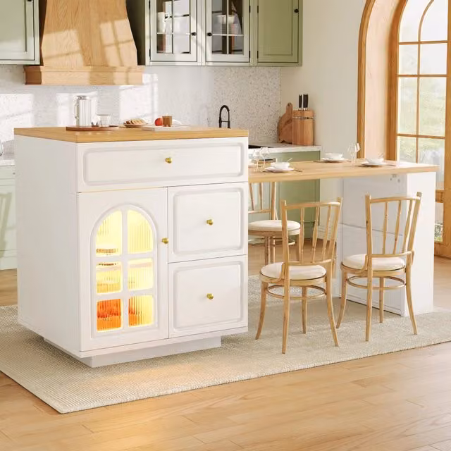Isola da cucina 122.5-195.5x59x93.5 cm con piano estensibile e LED RGB in MDF; metallo e vetro; bianca