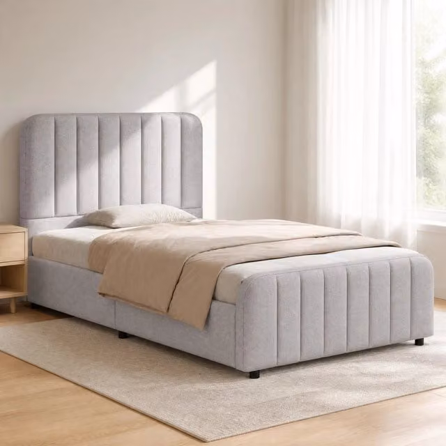Letto singolo imbottito 90x200 cm con contenitore idraulico, rete inclusa, testiera in lino grigia