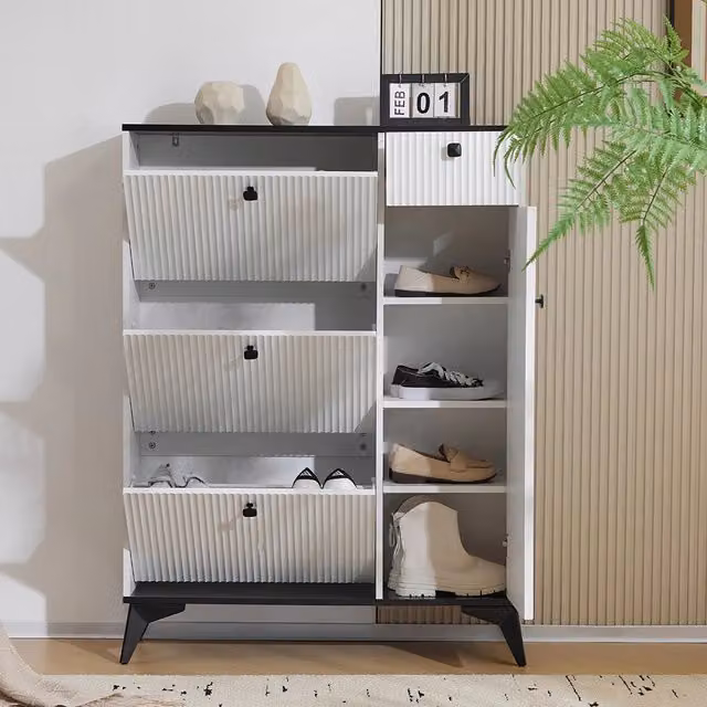 Armadio per scarpe con 3 ante - Xylo - 121x90x25 cm - Bianco - 1 cassetto e 1 porta