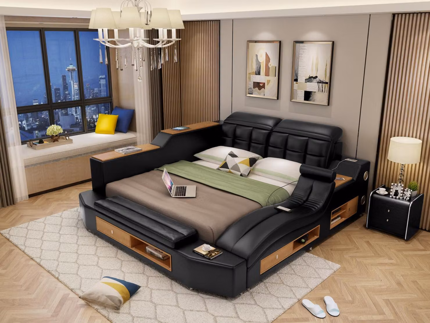 Design Leder Betten Hotel Doppel Multifunktions Bett Bluetooth Boxen Luxus