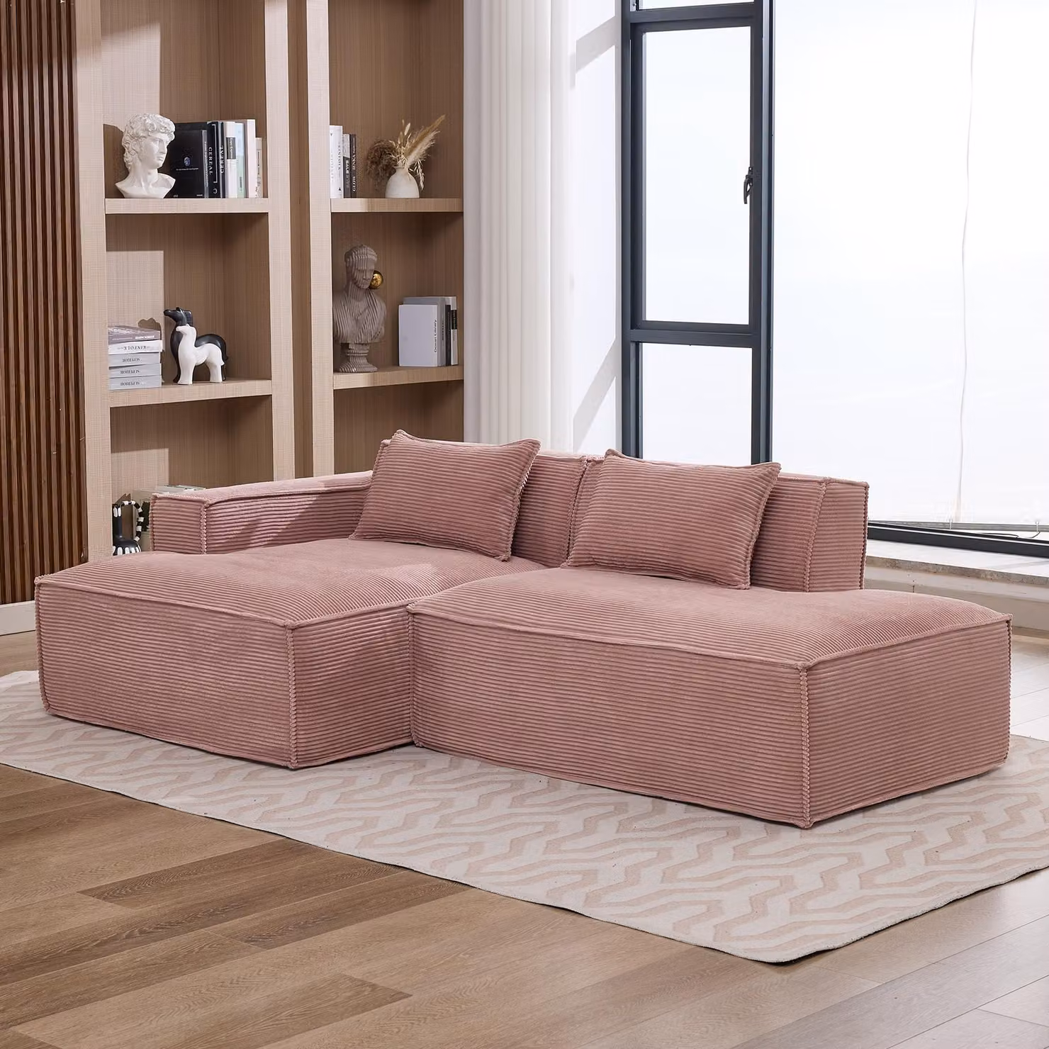 Divano componibile LVHOM in tessuto corduroy, 233 cm, divano lounge a terra a 2 posti con chaise longue, divano di facile manutenzione per il soggiorno, da montare, rosa