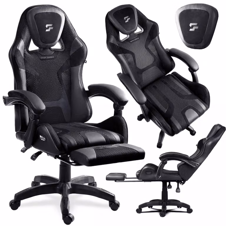 Sedia da gaming ergonomica con poggiapiedi, colore nero