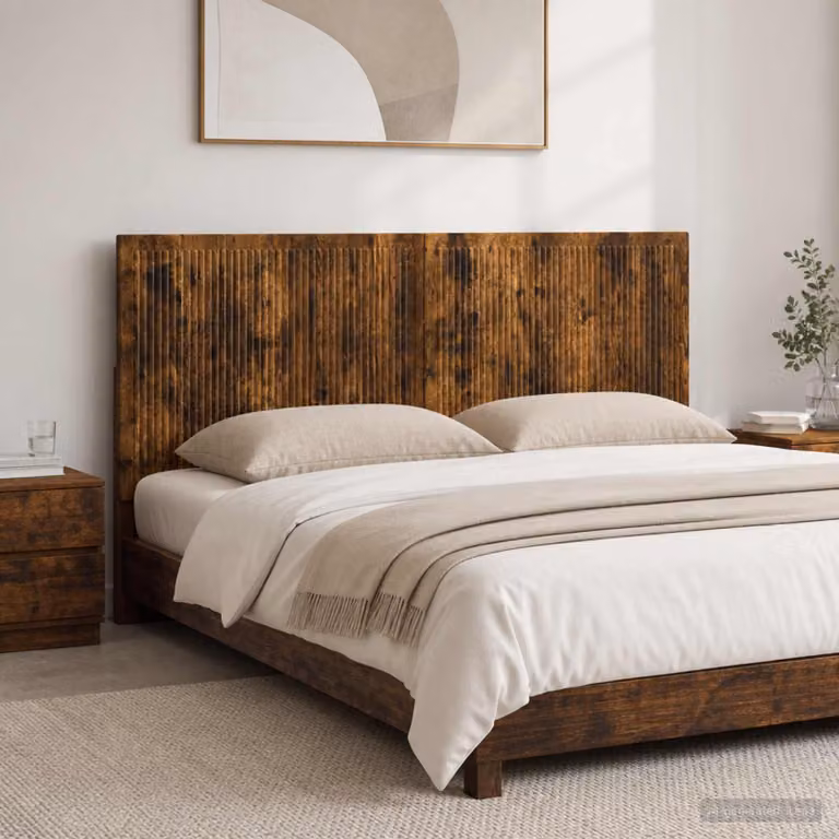 Testiera da muro vidaXL EDE in legno ingegnerizzato Rovere Fumo con ripiano integrato, L: 140 cm, H: 50 cm, P: 3 cm