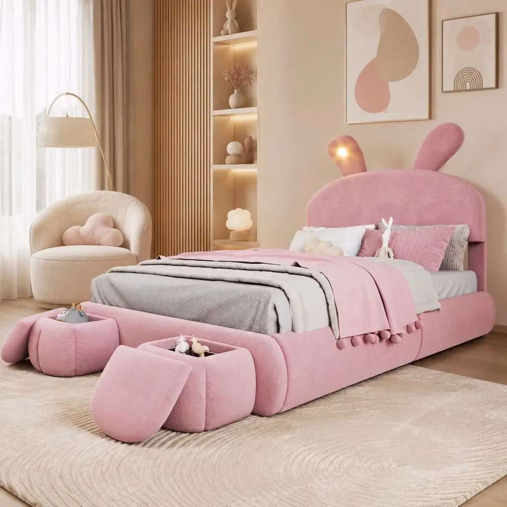 Letto matrimoniale Mivray con contenitore idraulico in velluto rosa, illuminazione LED sottostante e due pouf, L/P: 140 x 200 cm – 2
