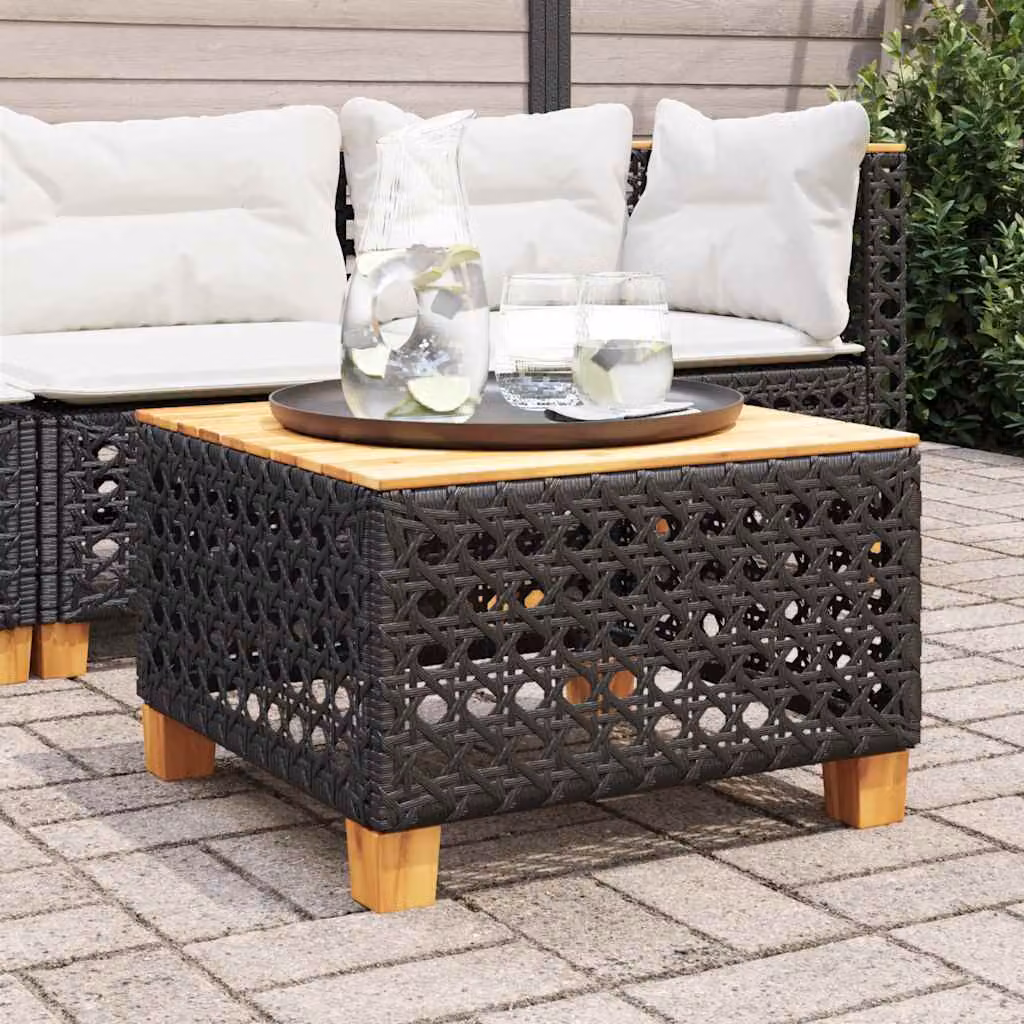 vidaXL Tavolo da giardino quadrato in polyrattan e legno di acacia nero e marrone L/P/H: 55 x 55 x 36 cm