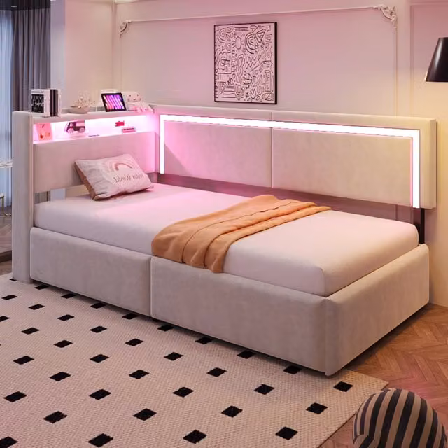 Letto singolo imbottito 90 × 200 cm con vano contenitore testiera con LED USB velluto beige rete a doghe