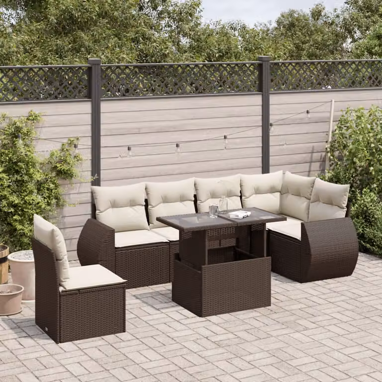 Set di divani da giardino vidaXL a forma di L composto da 7 pezzi con cuscini marroni e bianchi in polyrattan e tessuto resistente ai raggi UV