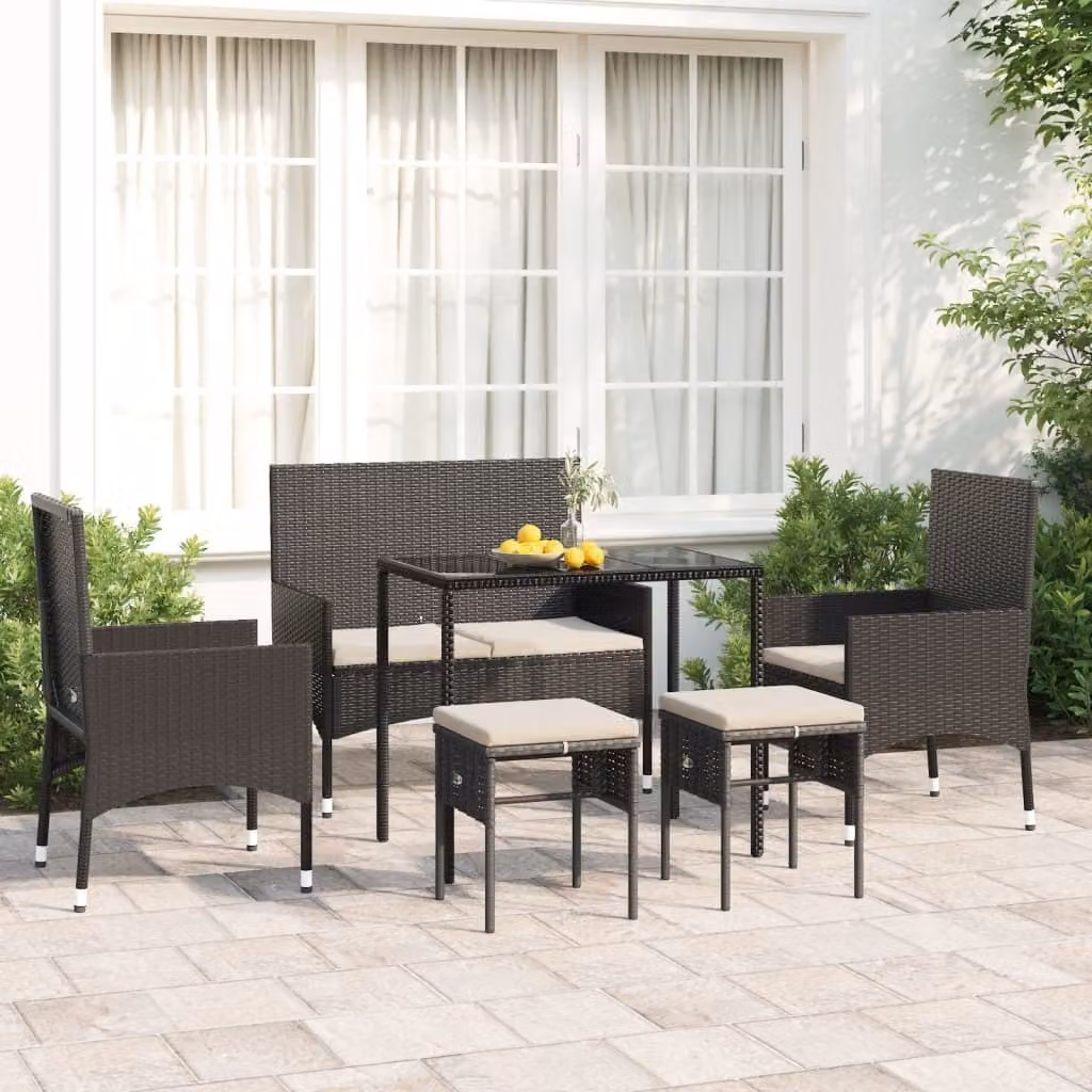 The Living Store Set da giardino da 6 pezzi con cuscini in poly rattan nero