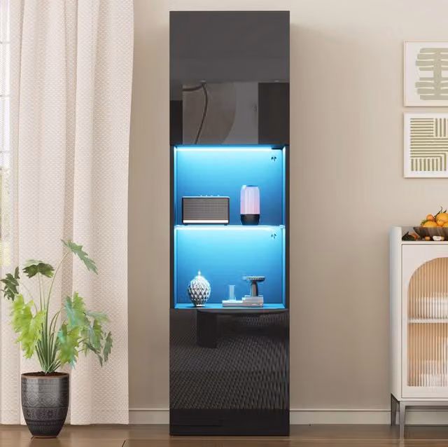 Vetrina ULEVR 45x35x160 cm nera lucida con LED RGB Bluetooth, ripiano in vetro temperato e vani contenitore
