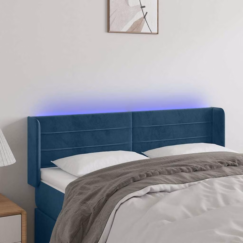 Testiera per letto vidaXL in velluto blu scuro con illuminazione LED e porta USB, L: 147 cm, P: 16 cm, H: 78-88 cm