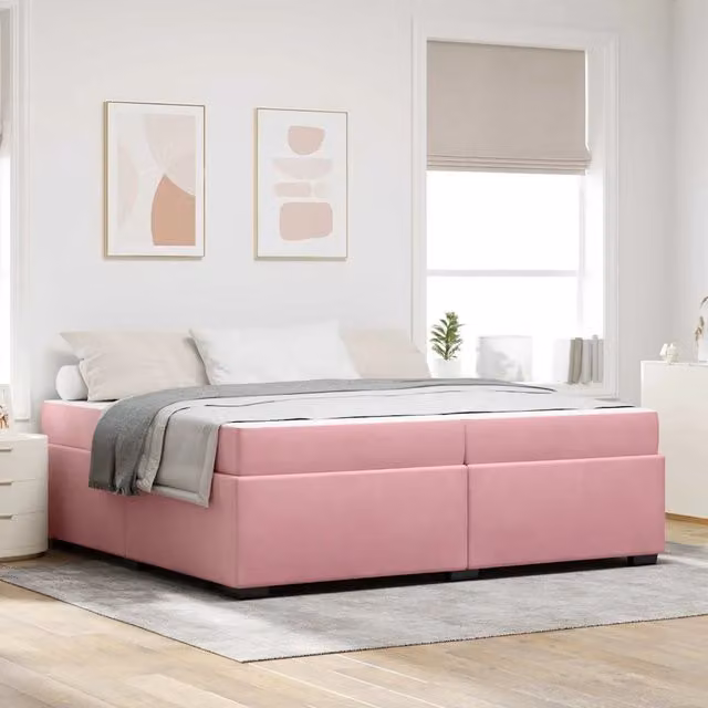 Letto matrimoniale moderno vidaXL in tessuto rosa con struttura imbottita e materasso a molle L/P: 200 x 200 cm