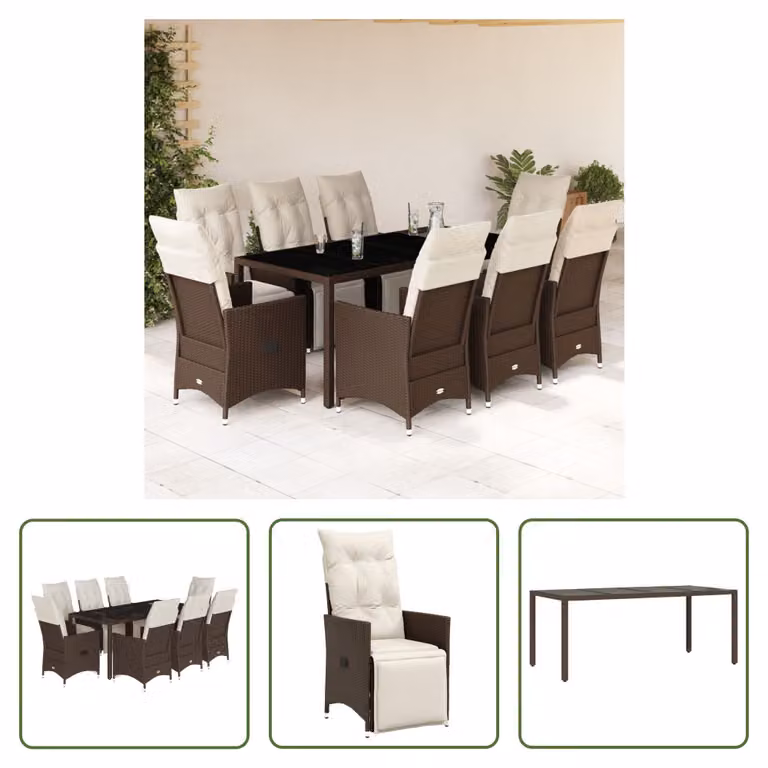 The Living Store Set bistrot da giardino da 9 pezzi con cuscini in poly rattan marrone