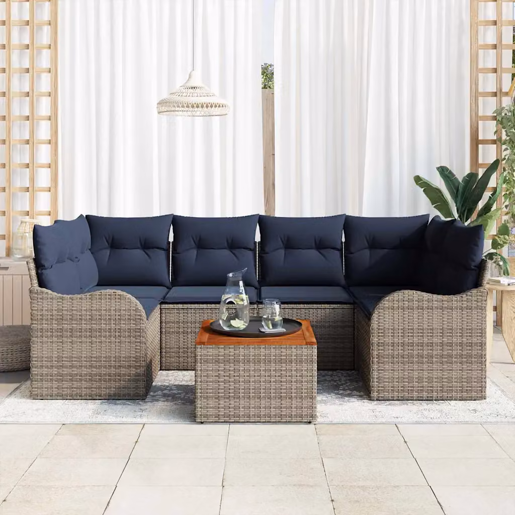 Set Divano da Giardino vidaXL 7 Pezzi a Forma di L Grigio con Tavolino e Cuscini Imbottiti