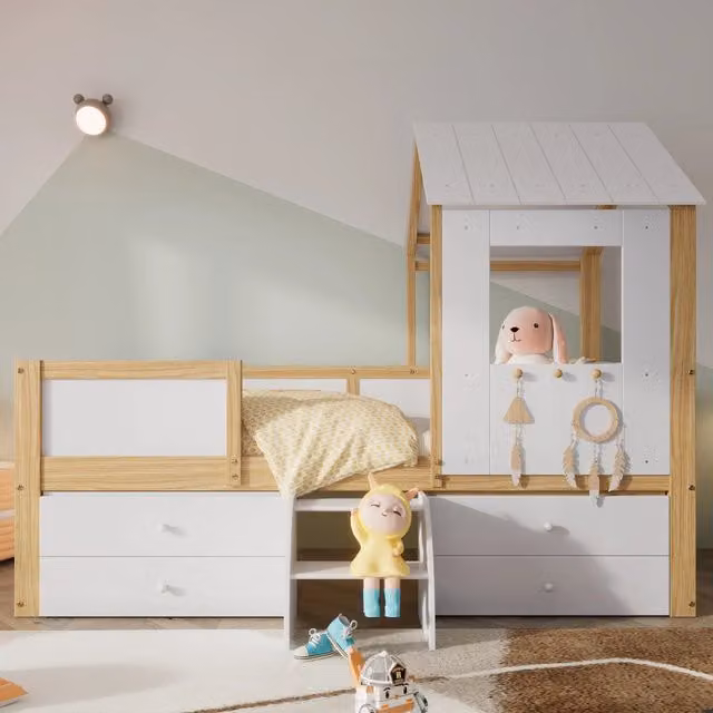 Letto per bambini con struttura a casa e cassetti ¨C Minimal ¨C Legno pino bianco naturale 90x200 cm
