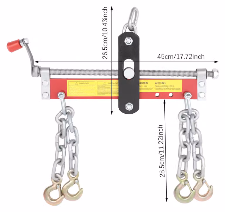 Sollevatore per motori - Bilancino per motori - Gru a catena per sollevamento motori con 4 catene - Capacità di carico: 900 kg - Maniglia regolabile - Lunghezza: 45 cm - Colore: rosso