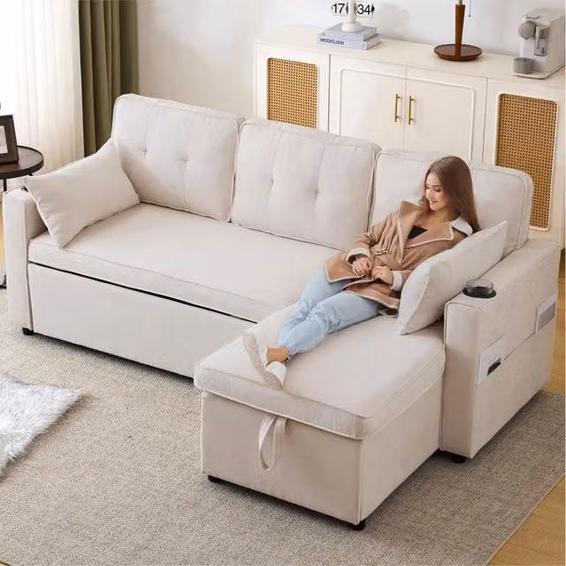 Divano angolare convertibile 211x129;5x86 cm; divano letto reversibile con contenitore e portabicchiere; lino-cotone; beige