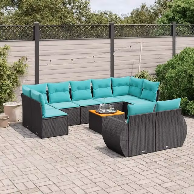 Set Divani da Giardino 10 pz con Cuscini Nero in Polyrattan 3225154