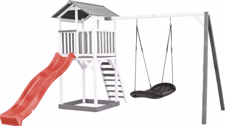AXI Beach Tower parco giochi in legno in grigio e bianco | Torre di gioco per bambini con sabbiera, altalena a nido e scivolo rosso | Casa per bambini su palafitte per il giardino