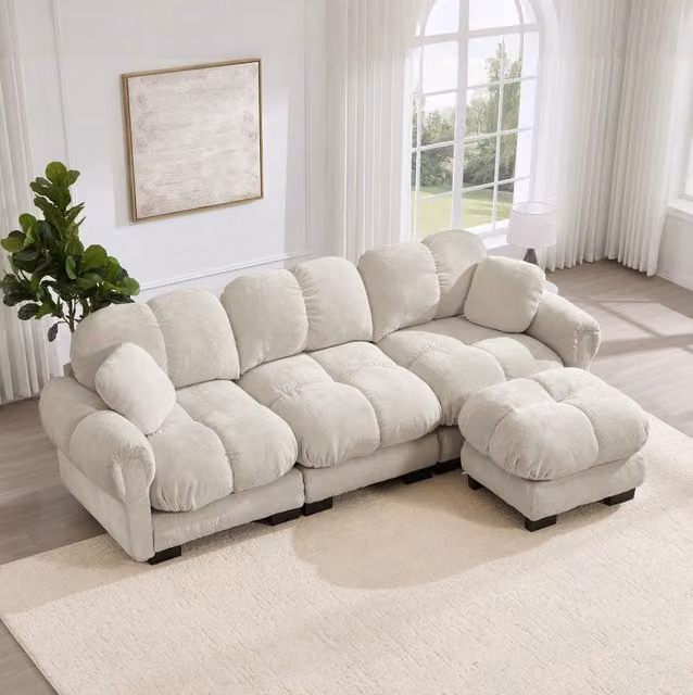 Divano angolare 3 posti in ciniglia color khaki chiaro con pouf mobile HOMVRA