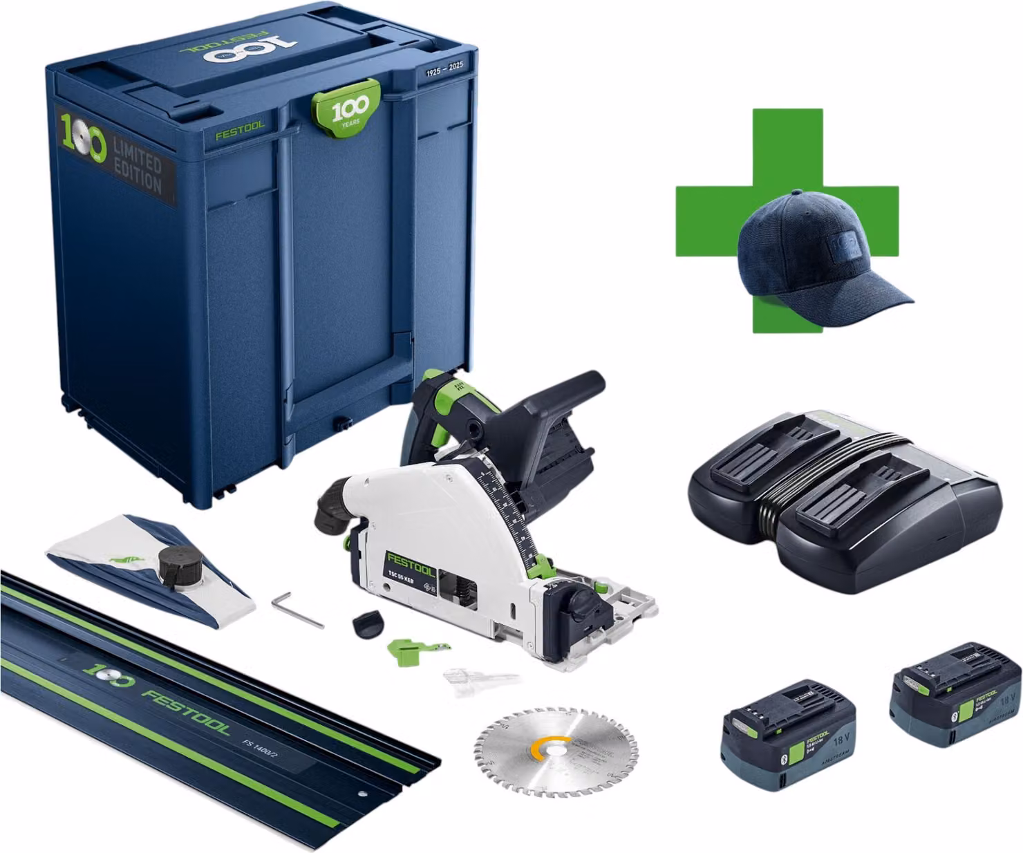 Festool TSC 55 KEBI-Plus/XL-FS 100Y Limited Edition sega ad immersione a batteria 18 / 36 V ( 2x 18 V ) 160 mm brushless ( 578229 ) + 2x batteria ricaricabile 5,0 Ah + caricabatterie + guida + Systainer