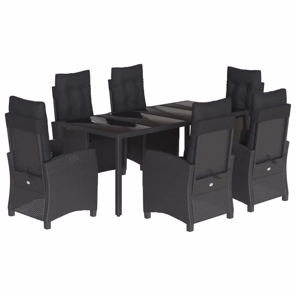 Set da pranzo da giardino vidaXL in polyrattan nero con cuscini e tavolo in vetro, 7 pezzi – 2