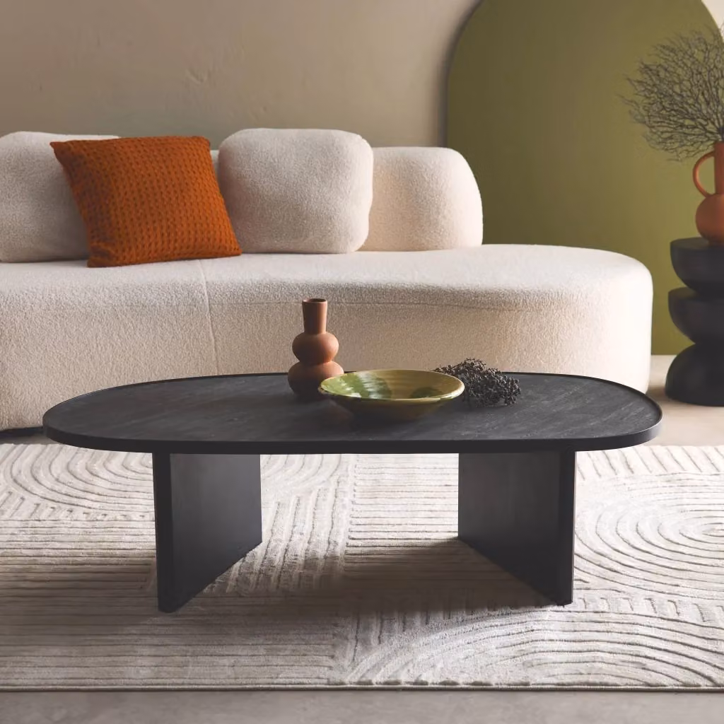 Tavolino basso ovale Sweeek in legno di mango e impiallacciatura in pietra, marrone e nero, L: 119,5 cm, P: 60 cm, H: 35 cm – 2