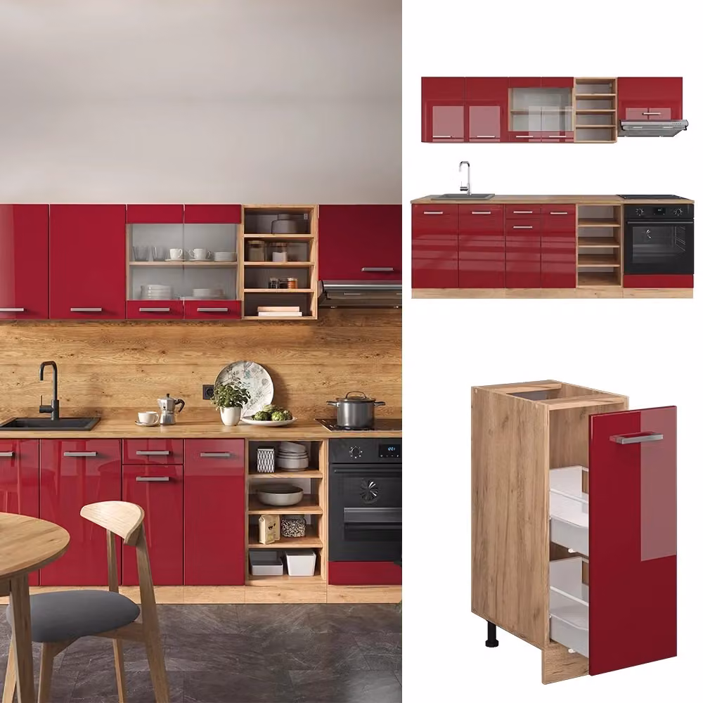 Cucina componibile moderna Vicco R-Line in rosso lucido e rovere dorato, L: 240 cm – 2