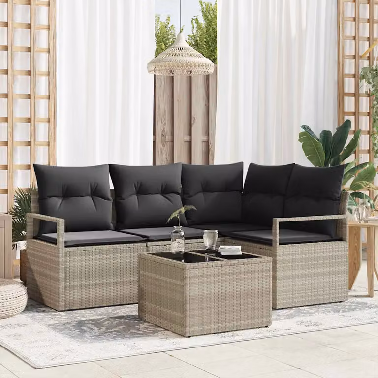 Set di divani da giardino vidaXL a forma di L con tavolo da caffè, colore grigio, in rattan e metallo con cuscini inclusi