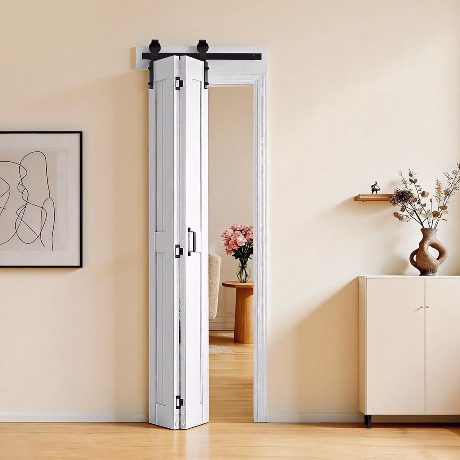 Porta scorrevole pieghevole - Porta scorrevole interna in stile porta da fienile - 60,9 x 213,4 cm - MDF - Con set di ferramenta - Design salvaspazio con telaio a H - Per camera da letto e soggiorno - Bianco