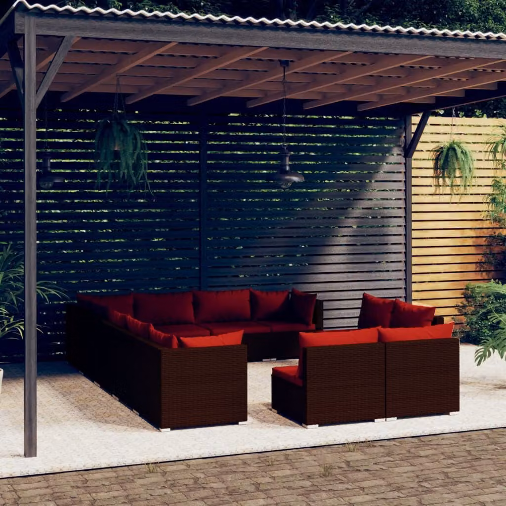 The Living Store Set salotto da giardino 12 pezzi con cuscini in poly rattan marrone