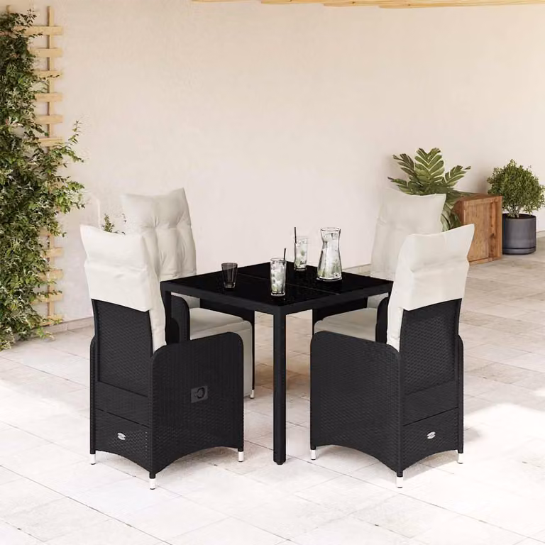 Set Bistrò da Giardino e Balcone vidaXL in Polyrattan e Metallo con Piano in Vetro, 5 Pezzi, Nero e Bianco