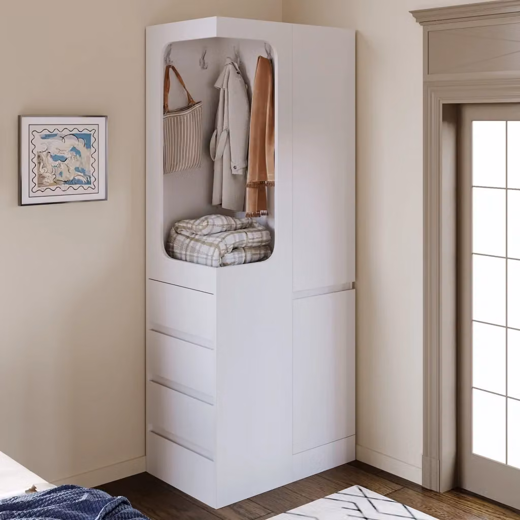 Armadio singolo Chicfurn in legno bianco con cassetti e appendiabiti, L: 70 cm, P: 40 cm, H: 170 cm – 2