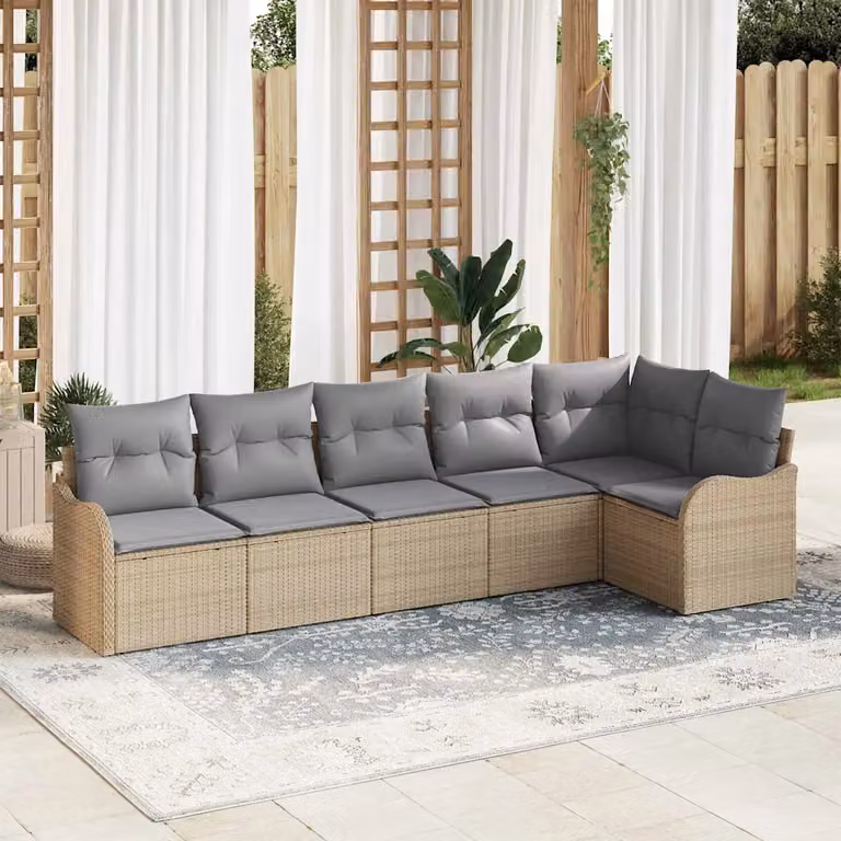 Set Divano da Giardino a L vidaXL 6 pz Beige con Cuscini in Polyrattan e Struttura in Metallo