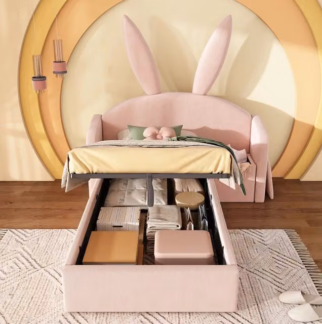 Letto imbottito per bambini 90x200 cm in velluto rosa con contenitore e comodino