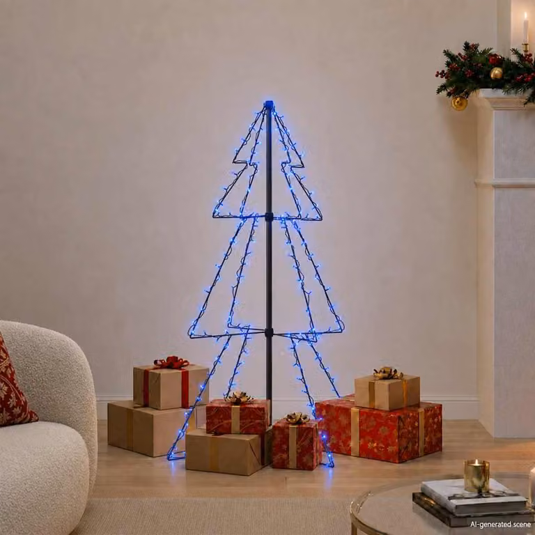 Albero di Natale a Cono vidaXL con 160 LED Blu, Design Moderno per Interni ed Esterni, L/P/H: 78 x 78 x 120 cm
