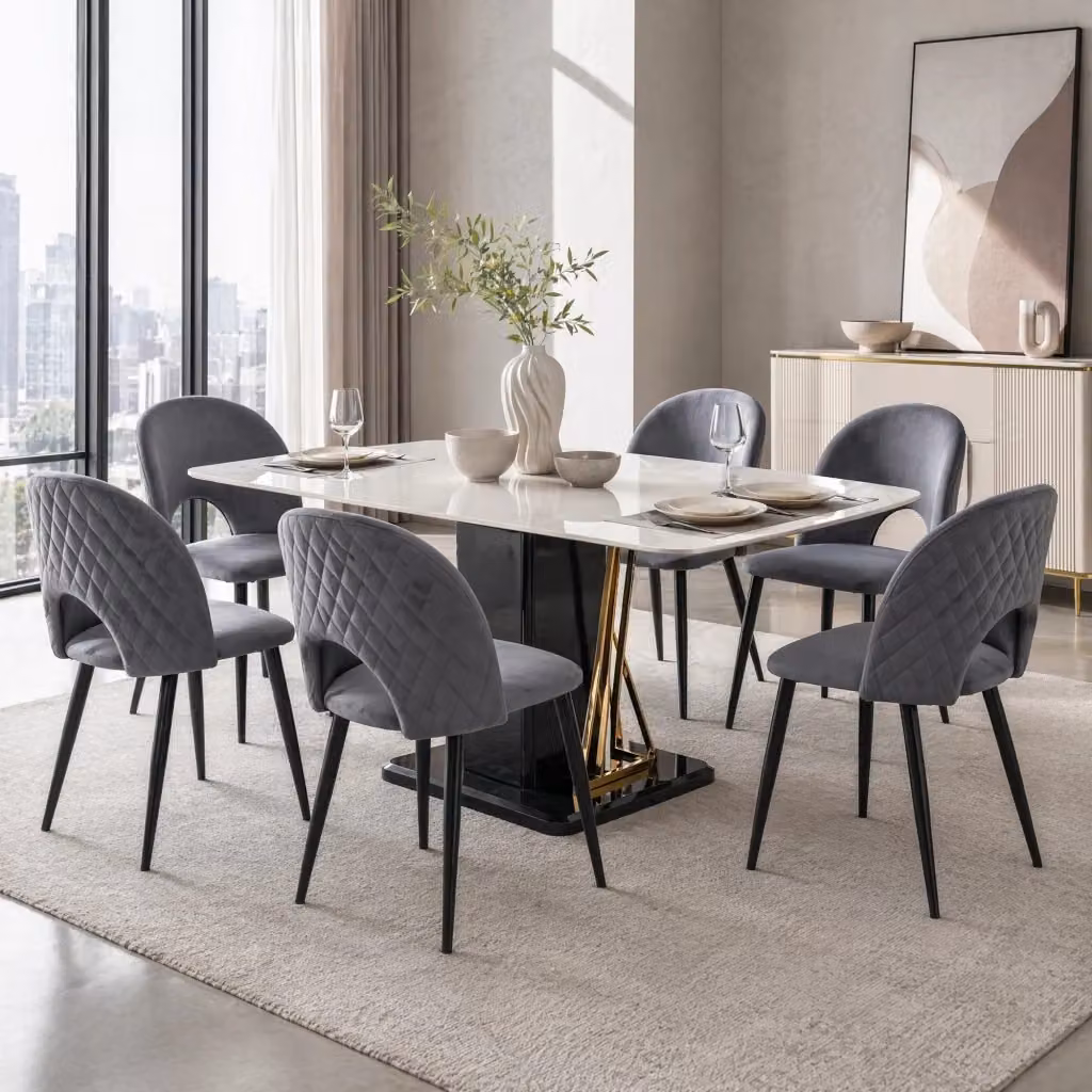 Sedia Imbottita REDOM in Velluto Grigio con Schienale da 84 cm e Gambe in Metallo e Legno – 2
