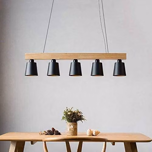 ZMH Luce a sospensione E27 Luce a sospensione nera in legno Luce a sospensione moderna in metallo per la sala da pranzo del laboratorio del tavolo da pranzo lungo