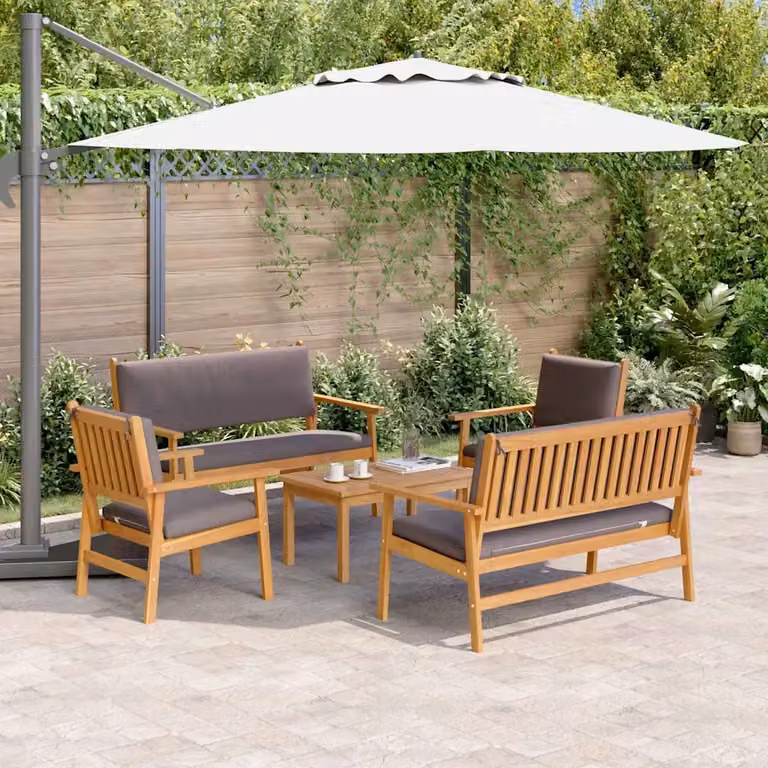 Set Divano da Giardino vidaXL 5 Pezzi a Forma di L in Legno di Acacia Marrone con Tavolino e Cuscini