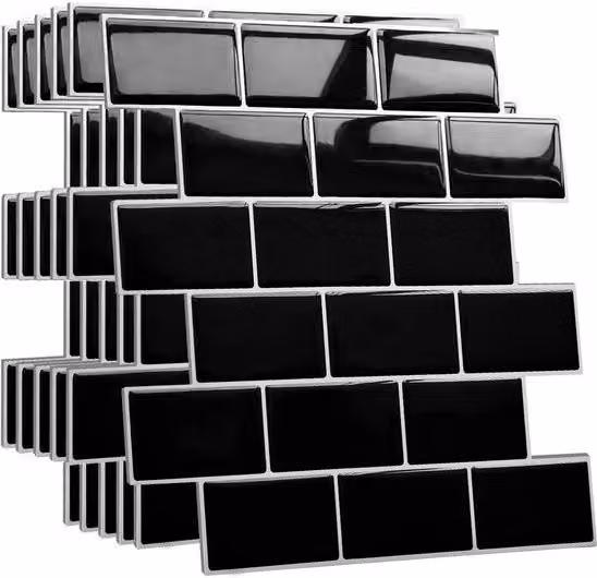 Tegole autoadesive in vinile PVC effetto piastrella per bagno e cucina, colore nero, 30 cm